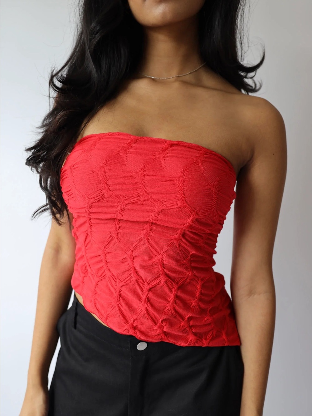Blue Blush Red Strapless Ruched Crop Top